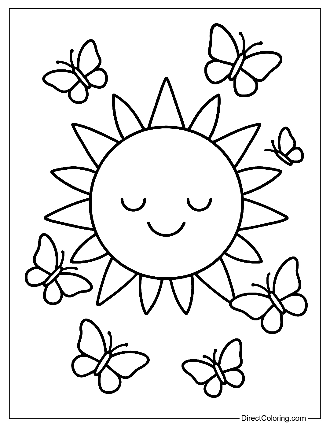 coloring page of a smiling Sun surrounded by flying butterflies, gentle style